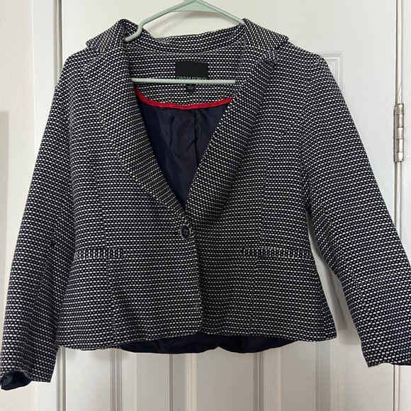 Cynthia Rowley Navy Blue White Tweed Preppy Blazer Cropped Jacket Medium M - Picture 1 of 5